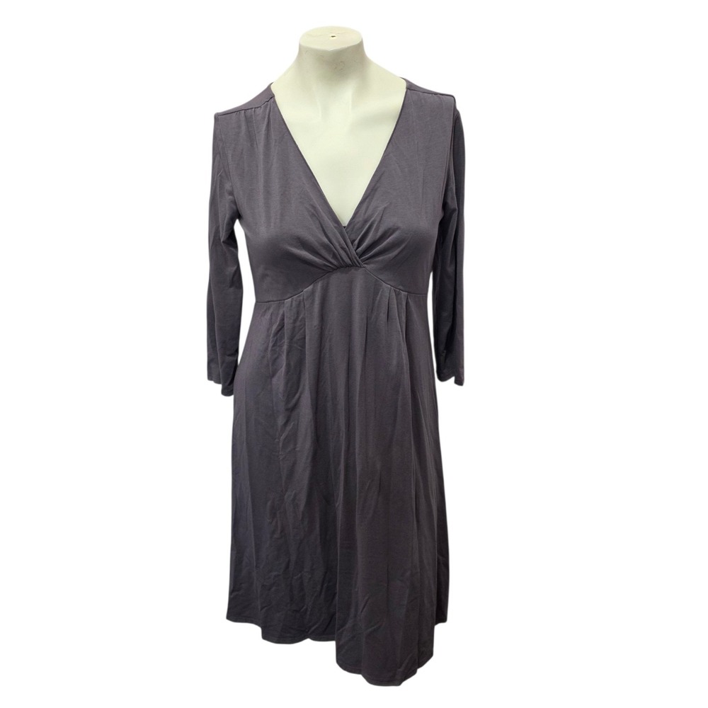 Garnet Hill Dress Small Gray Jersey Knit Empire Waist V Neck 3/4 Sleeve Stretch